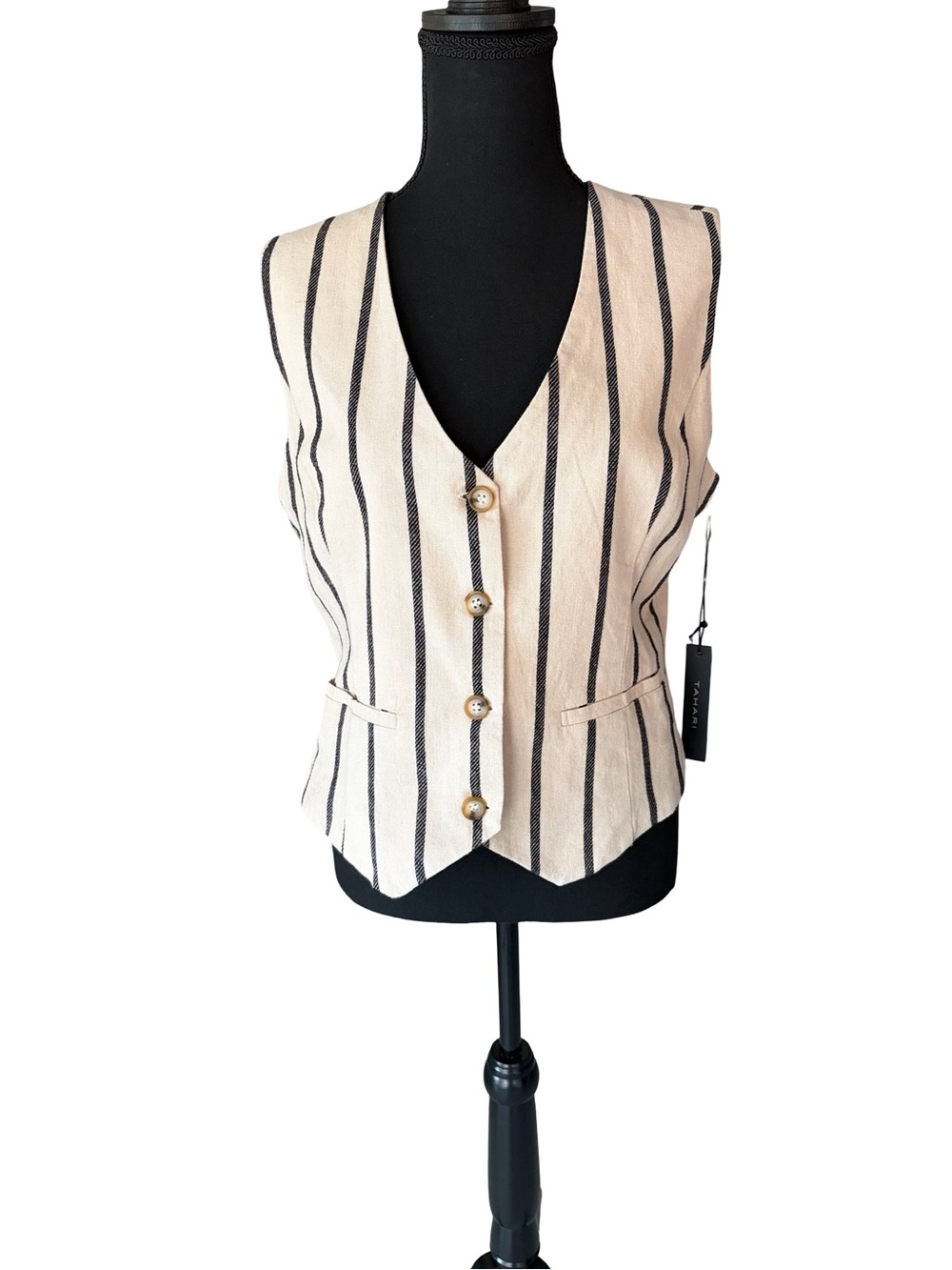 Tahari Cream and Black Striped Button Linen Vest